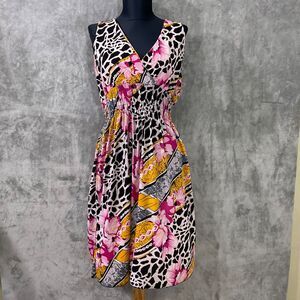 Feratelli Women L Dress Multicolor animal print floral smocked waist sleeveless